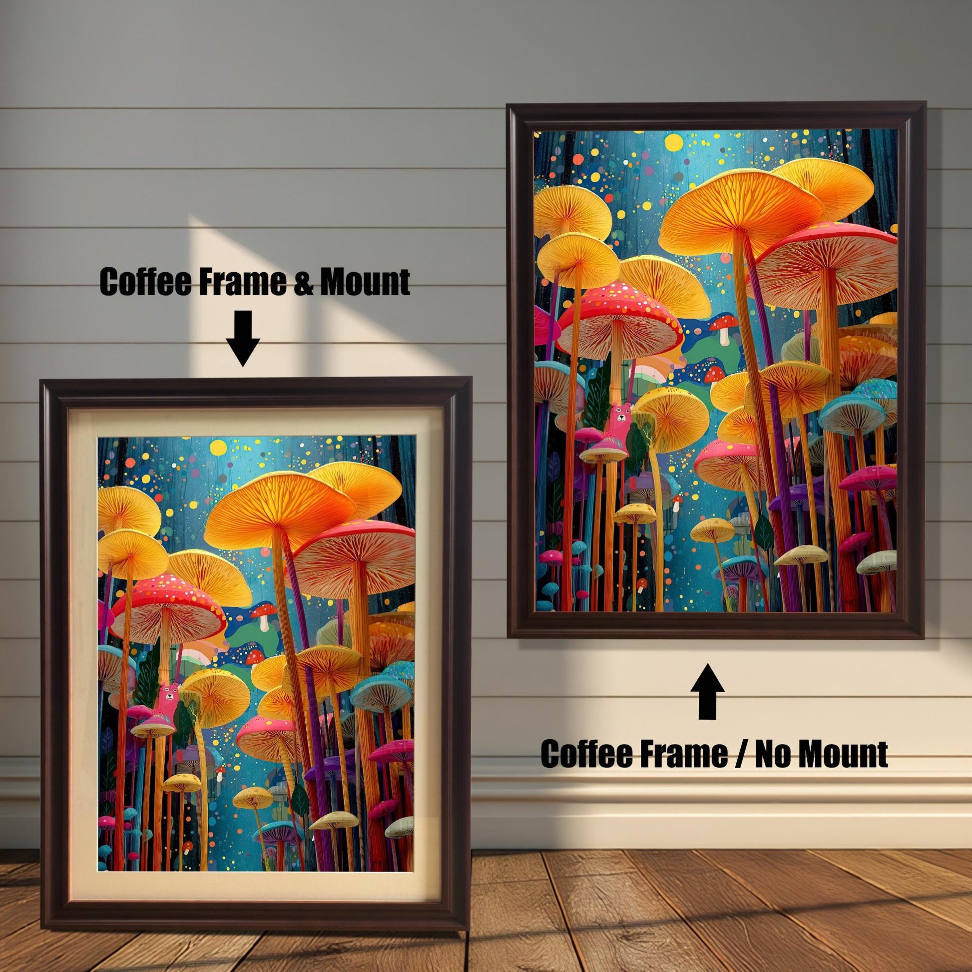 Comparison of the vibrant mushroom art print in a coffee-colored wood frame. One image shows the print with a mount/mat for an elegant look ('Coffee Frame & Mount'), and the other shows it without a mount ('Coffee Frame / No Mount').