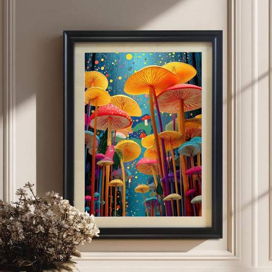 Mushroom art print in a black wood frame leaning against a white wainscoted wall next to a pot of dried flowers.