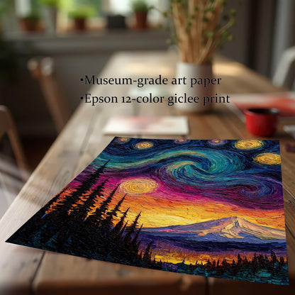 Close-up of the Starry Night-style mountain and forest art print on a wooden table. Text highlights the quality materials: 'Museum-grade art paper' and 'Epson 12-color giclee print'.