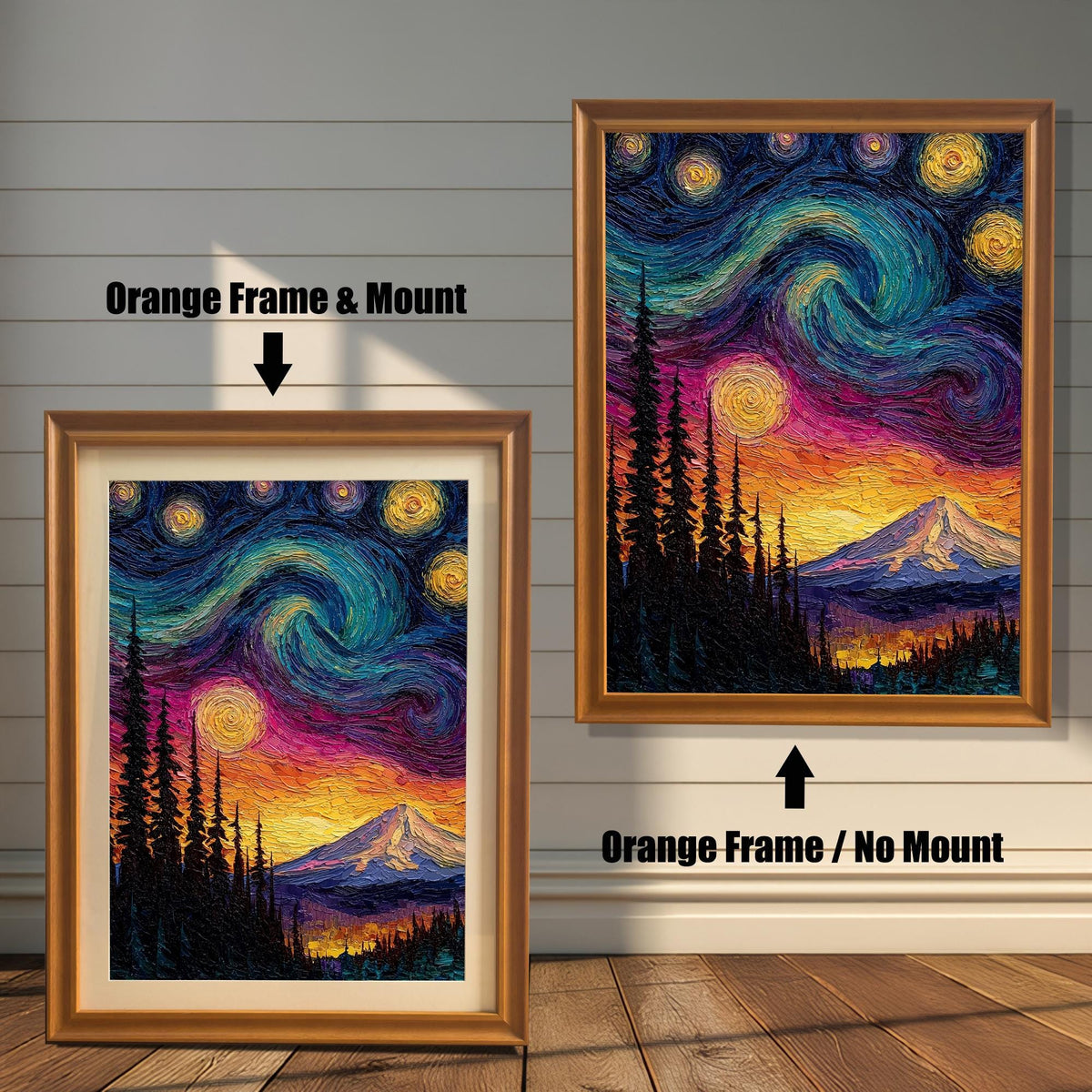 Comparison of the textured mountain and starry sky art print in an orange wood frame. One image shows the print with a light-colored mat/mount, and the other shows it without a mount ('Orange Frame / No Mount').