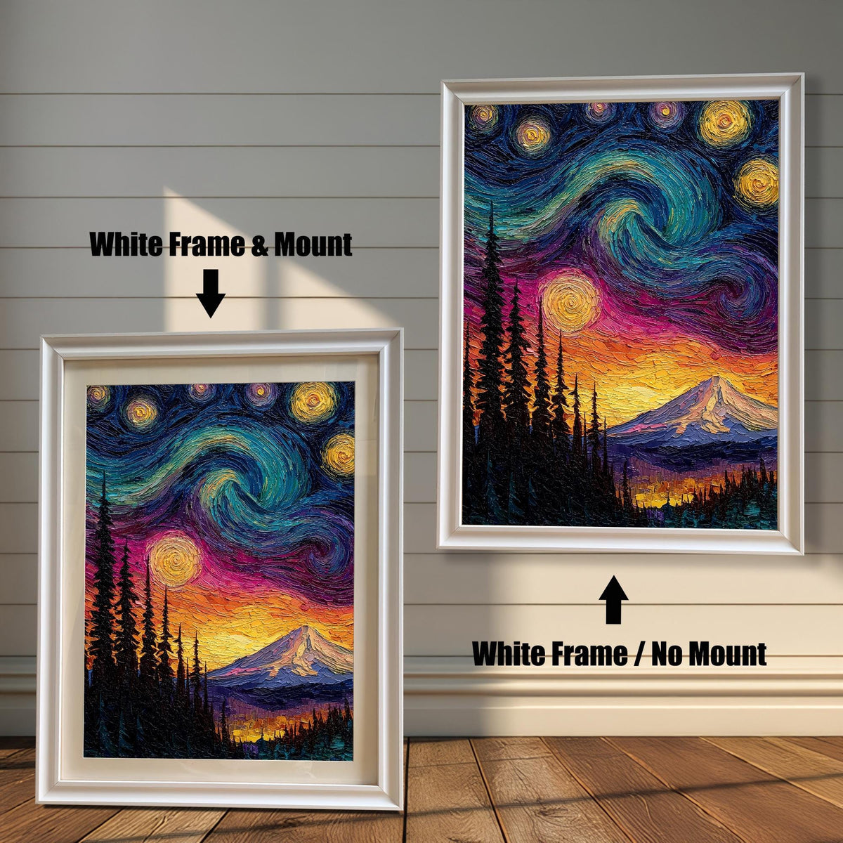 Comparison of the starry night mountain art print in a white wood frame. One image shows the print with a white mat/mount, and the other shows it without a mount ('White Frame / No Mount').