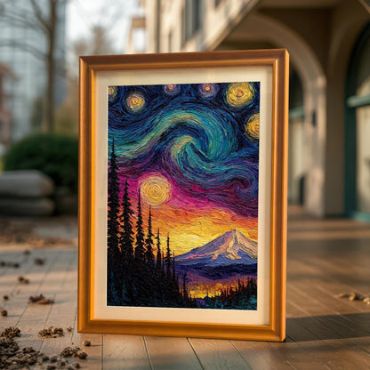 Framed Starry Night mountain landscape print in a gold-colored wood frame with a mat, leaning on a wooden floor outdoors in front of a building entrance.