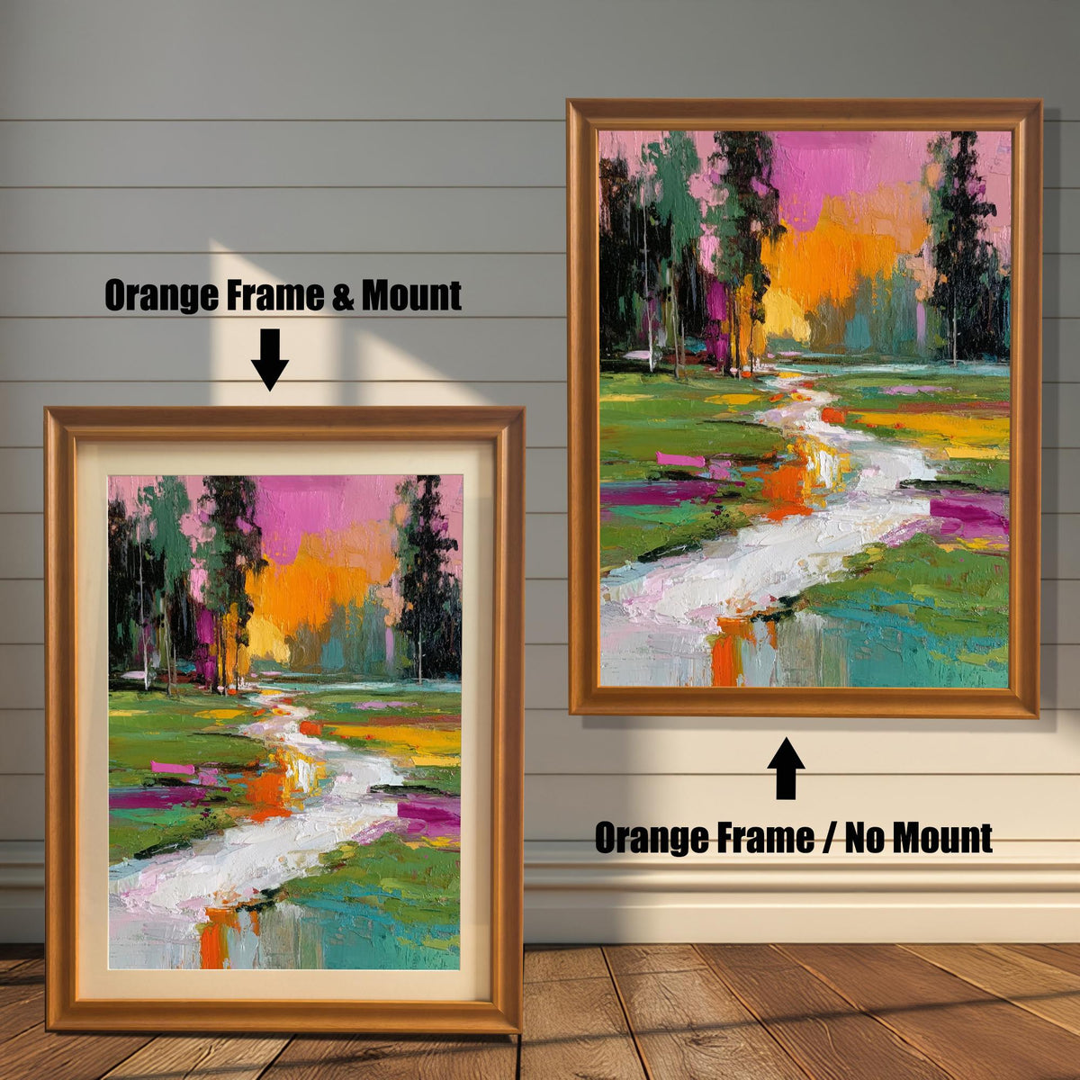 Comparison of the abstract stream landscape print in an orange wood frame. One image shows the print with a light-colored mat/mount, and the other shows it without a mount ('Orange Frame / No Mount').