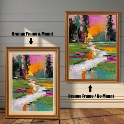 Comparison of the abstract stream landscape print in an orange wood frame. One image shows the print with a light-colored mat/mount, and the other shows it without a mount ('Orange Frame / No Mount').