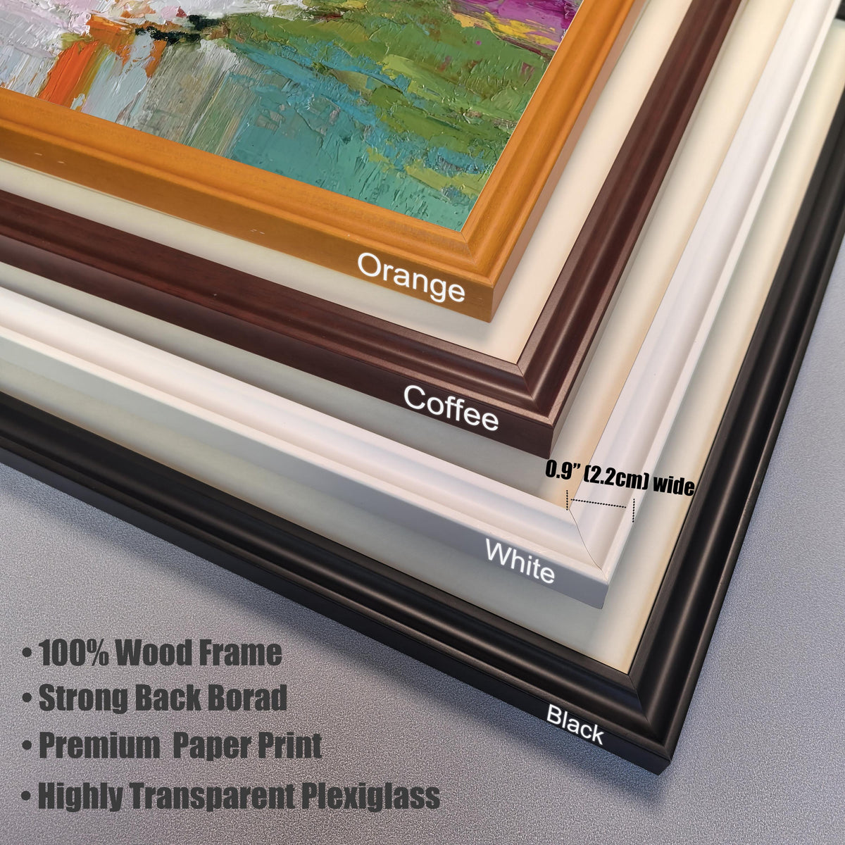 Frame color options and material details for the wood framed art print. Stacked frame corners labeled 'Orange', 'Coffee', 'White', and 'Black'. Text highlights '100% Wood Frame', 'Premium Paper Print', and 'Highly Transparent Plexiglass'. Frame width is 0.9'' (2.2cm).