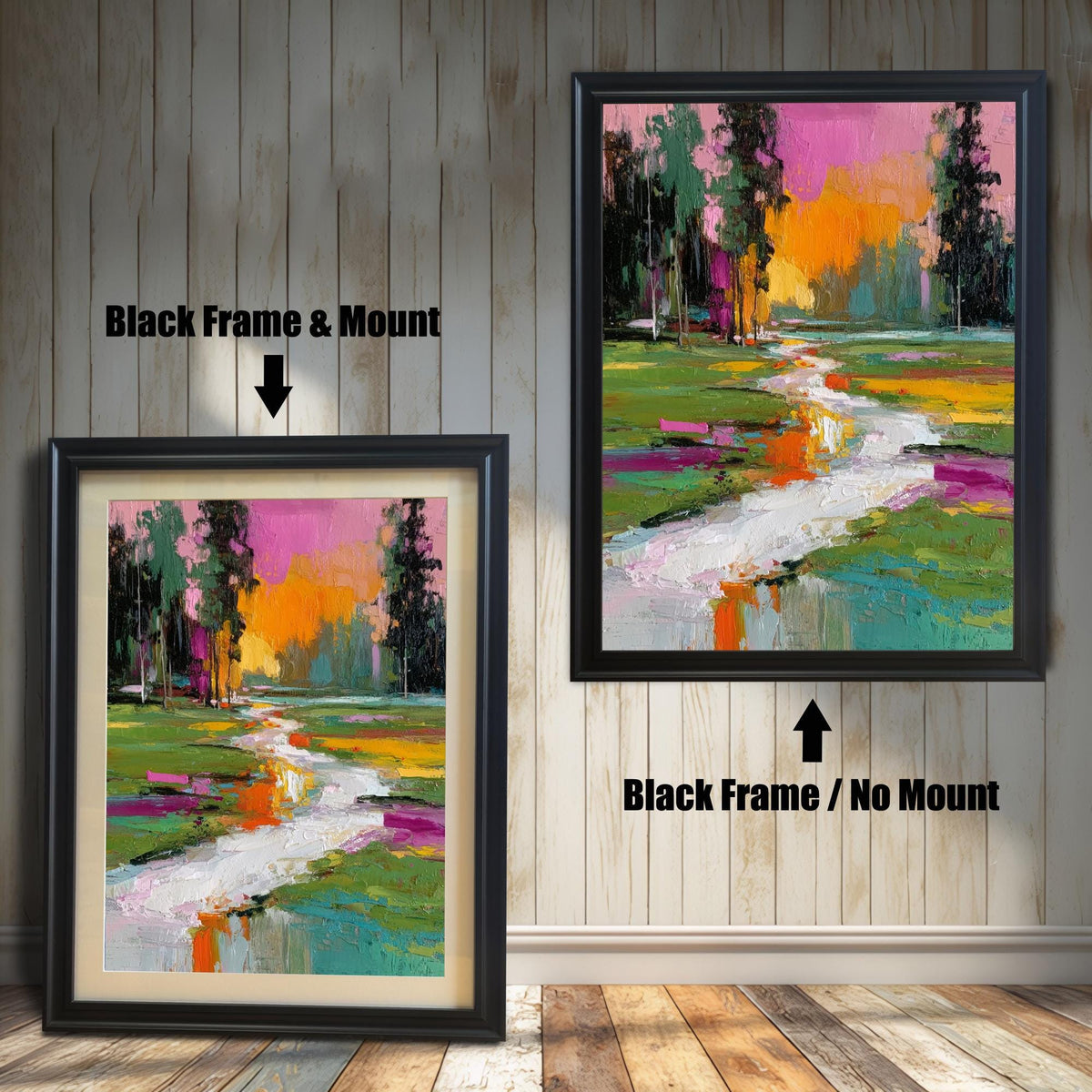 Comparison of the abstract stream landscape print in a black wood frame. One image shows the print with a light-colored mount/mat, and the other shows it without a mount ('Black Frame / No Mount').