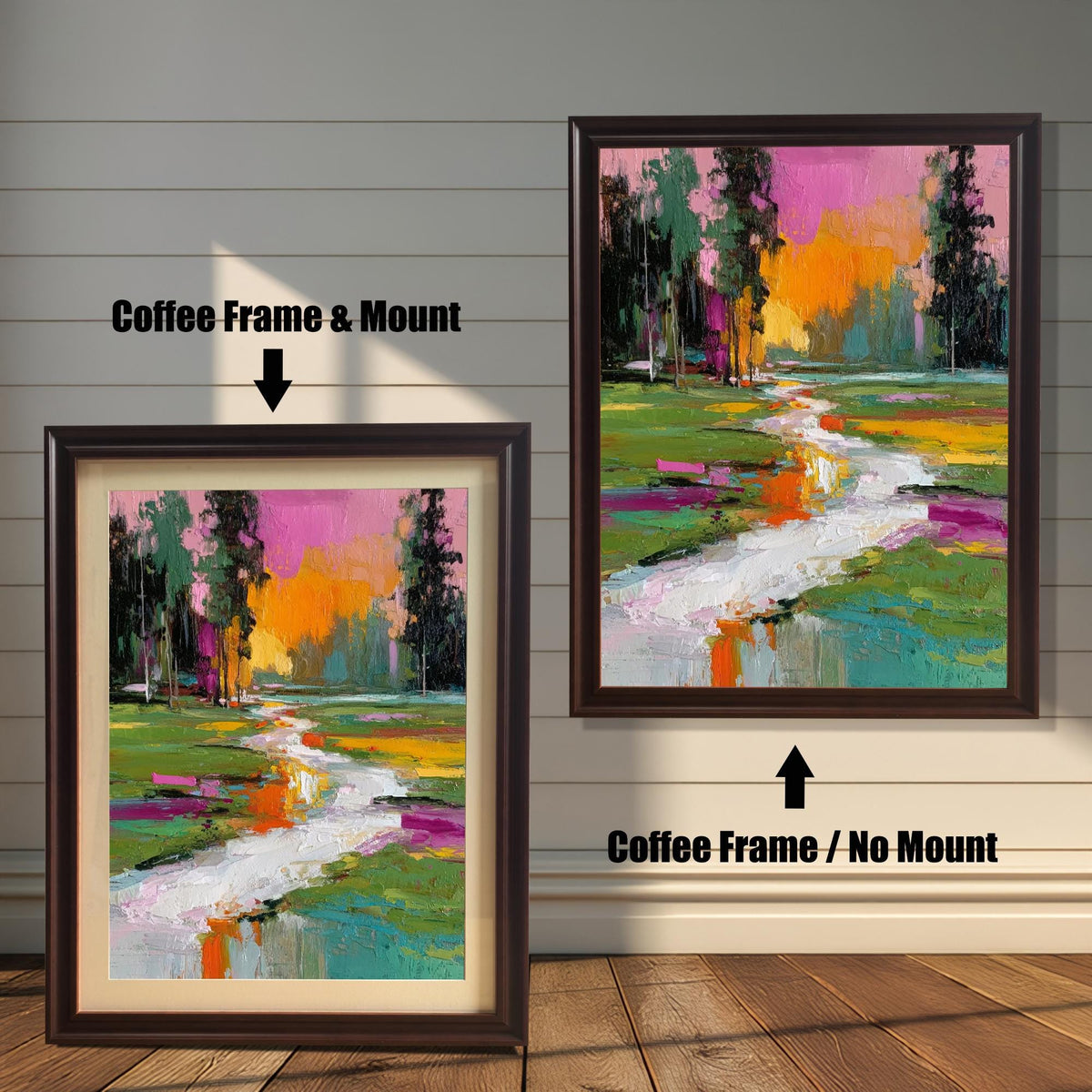 Comparison of the vibrant abstract landscape print in a coffee-colored wood frame. One image shows the print with a light-colored mat/mount, and the other shows it without a mount ('Coffee Frame / No Mount').