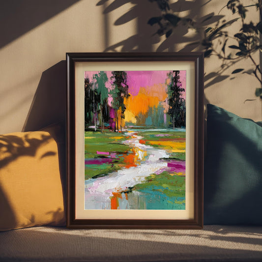 Vibrant, textured abstract landscape art print in a coffee-colored wood frame with a mat/mount, resting on a beige sofa between two colorful pillows in bright, dappled sunlight.