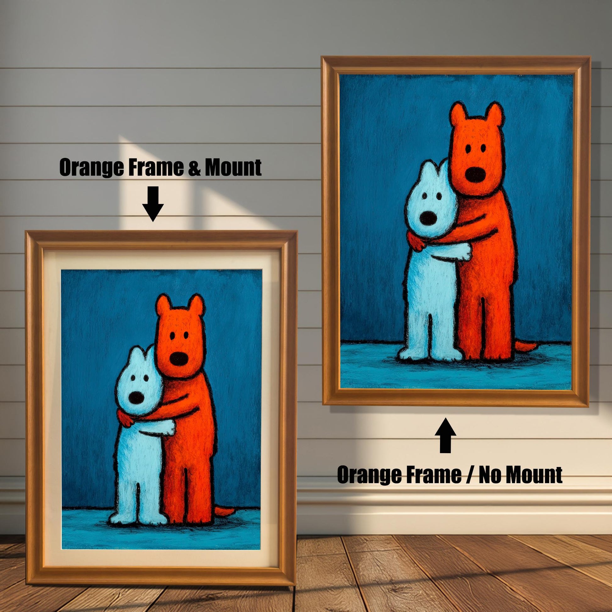 Comparison of the hugging dogs art print in an orange wood frame. One image shows the print with a light-colored mat/mount ('Orange Frame & Mount'), and the other shows it without a mount ('Orange Frame / No Mount').