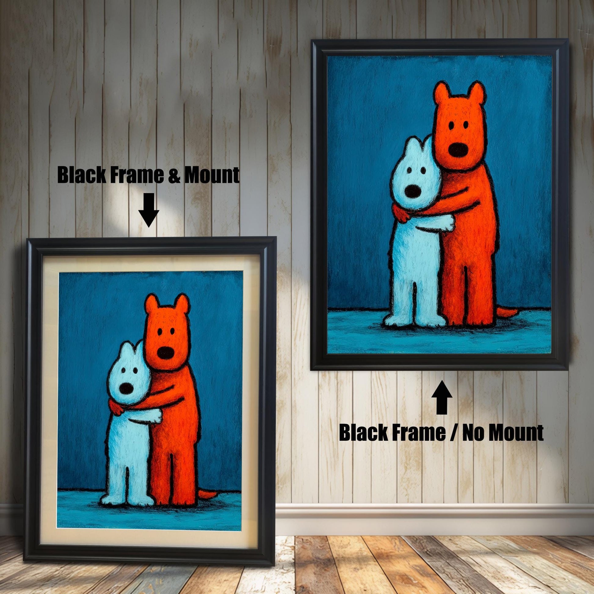 Comparison of the hugging dogs art print in a black wood frame. One image shows the print with a light-colored mat/mount ('Black Frame & Mount'), and the other shows it without a mount ('Black Frame / No Mount').