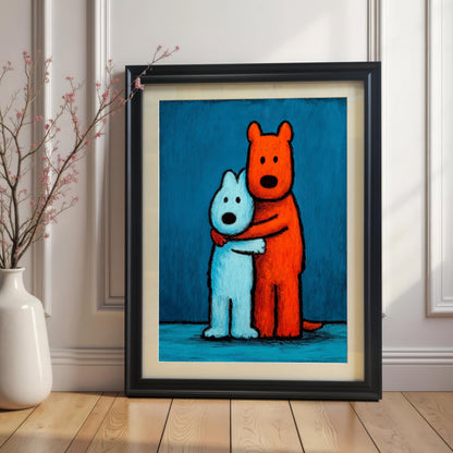 Framed art print of two stylized, hugging dogs (one orange, one light blue) in a black wood frame with a mat/mount, leaning on a wooden floor against a white wainscoted wall next to a white vase with small pink branches.