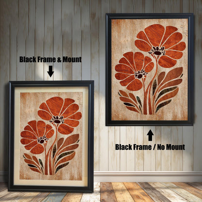 Orange flower art print framed in a Black Wood Frame. Two versions are shown side-by-side on a white wood wall: one with a white mat/mount, and one without a mat/mount.