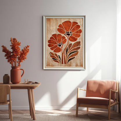 Interior shot of the orange flower art print in a White Wood Frame hanging on a wall above a wooden table and a matching orange chair in a brightly lit, modern room.