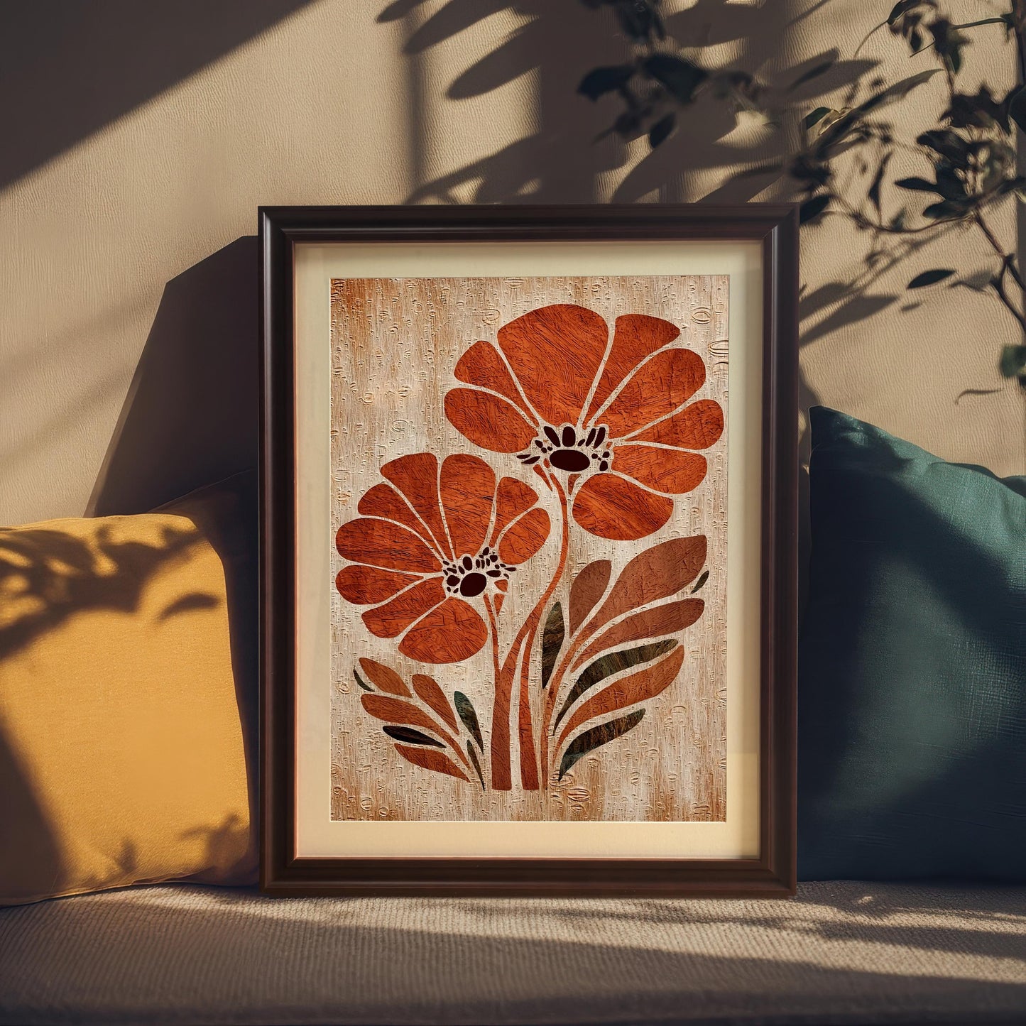 Orange flower abstract art print in a Coffee (dark brown) Wood Frame with a white mat/mount. The framed art is resting on a beige couch with yellow and teal pillows, bathed in sunlight and dappled shadows from an overhead plant.