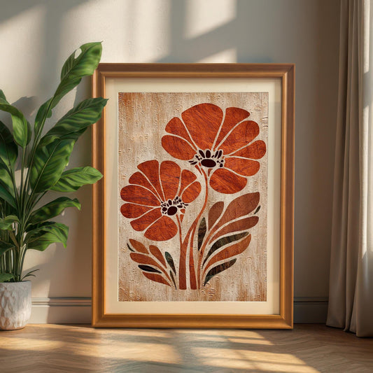 Full view of the orange flower art print in an Orange Wood Frame, propped up on a wood floor next to a large green houseplant in a sunlit room.