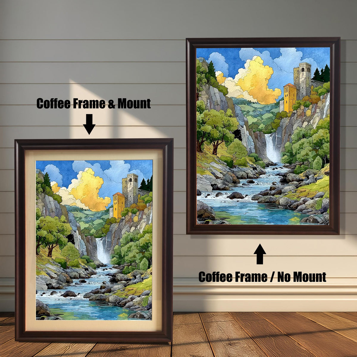 Watercolor-style landscape print of a mountain stream, waterfall, and yellow tower castle framed in a dark Coffee Wood Frame. Two versions shown: one with a mat/mount and one without.