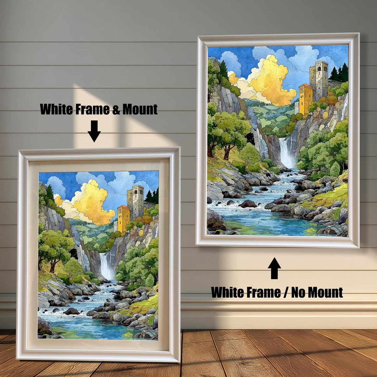 Watercolor-style landscape print of a mountain stream, waterfall, and yellow tower castle framed in a bright White Wood Frame. Two versions shown: one with a mat/mount and one without.