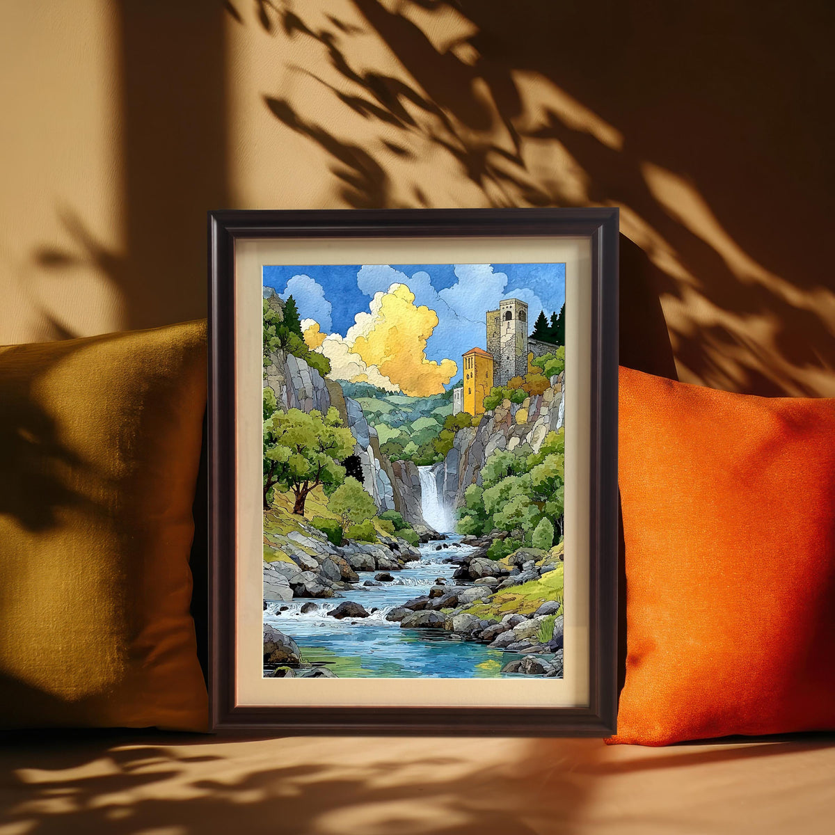 Vibrant landscape art print featuring a waterfall, river, and yellow castle tower framed in a dark Coffee Wood Frame with a mat/mount. The framed art rests on a couch between a yellow and an orange pillow, with dramatic sun shadows cast from a plant.