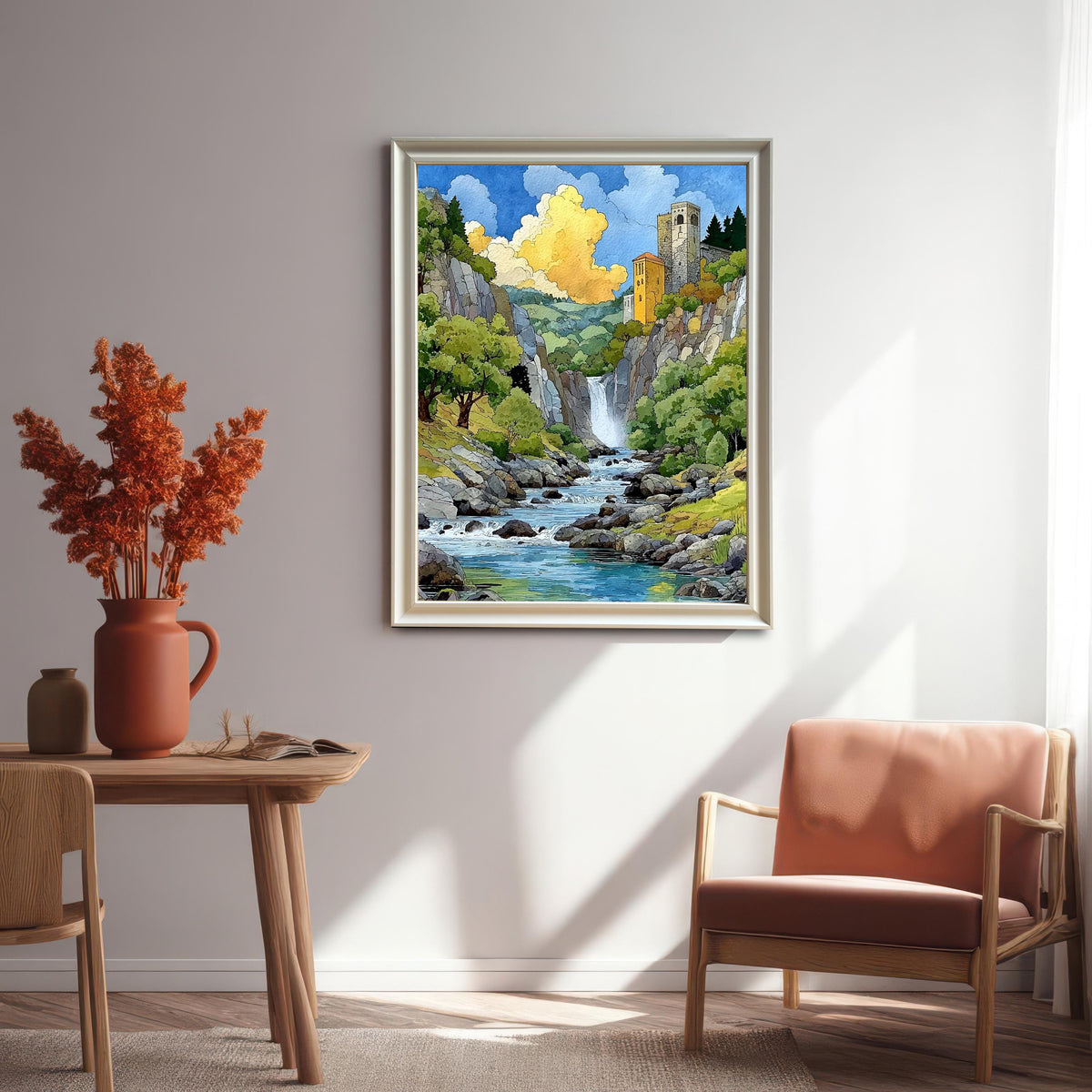 Interior shot of the waterfall landscape art print in a White Wood Frame hanging on a neutral wall above a wooden table and a matching terracotta-colored armchair.
