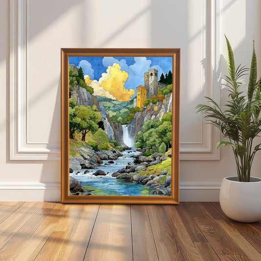 Full view of the waterfall and castle art print in an Orange Wood Frame, propped on a wooden floor against a white wainscoting wall, with a tall houseplant on the right.