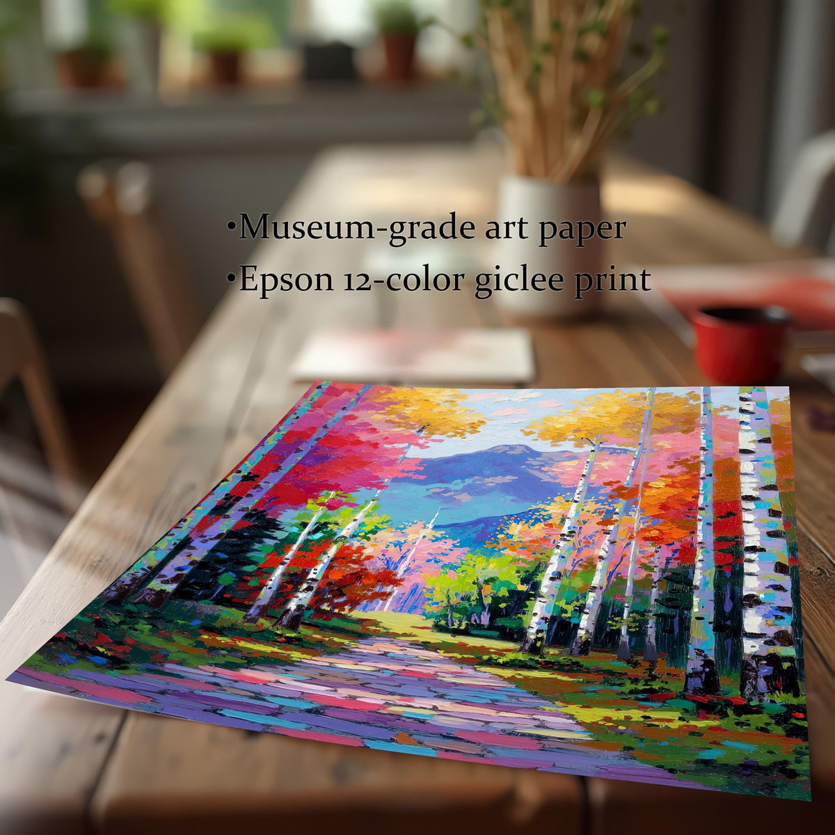 Close-up of the colorful Aspen forest art print, highlighting the thick, textured paint style. Text confirms product quality: ""Museum-grade art paper"" and ""Epson 12-color giclee print"".