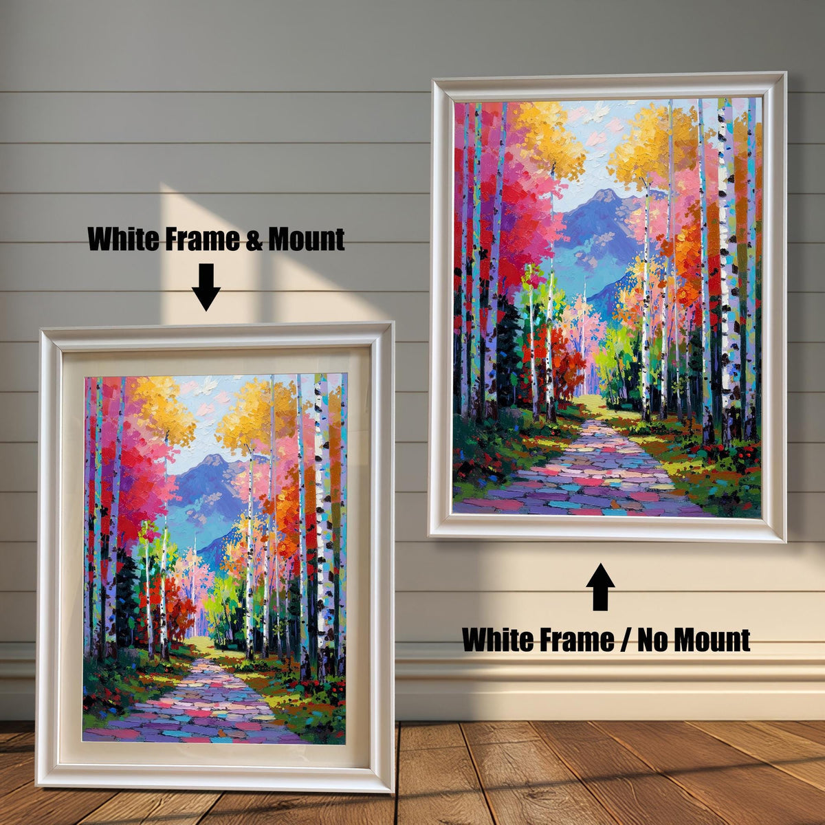 Bright Palette Knife Aspen Forest print with a path and mountains, framed in a clean White Wood Frame. Two versions shown: one with a mat/mount and one without, set against a white wood wall.