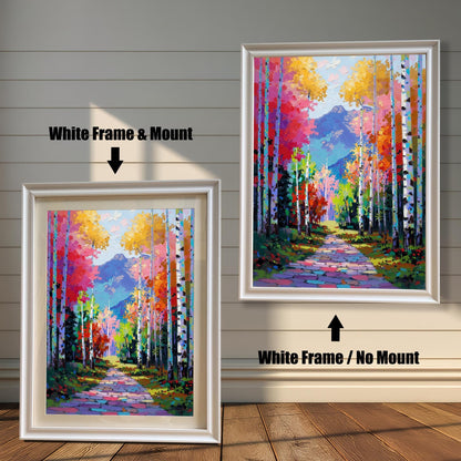 Bright Palette Knife Aspen Forest print with a path and mountains, framed in a clean White Wood Frame. Two versions shown: one with a mat/mount and one without, set against a white wood wall.