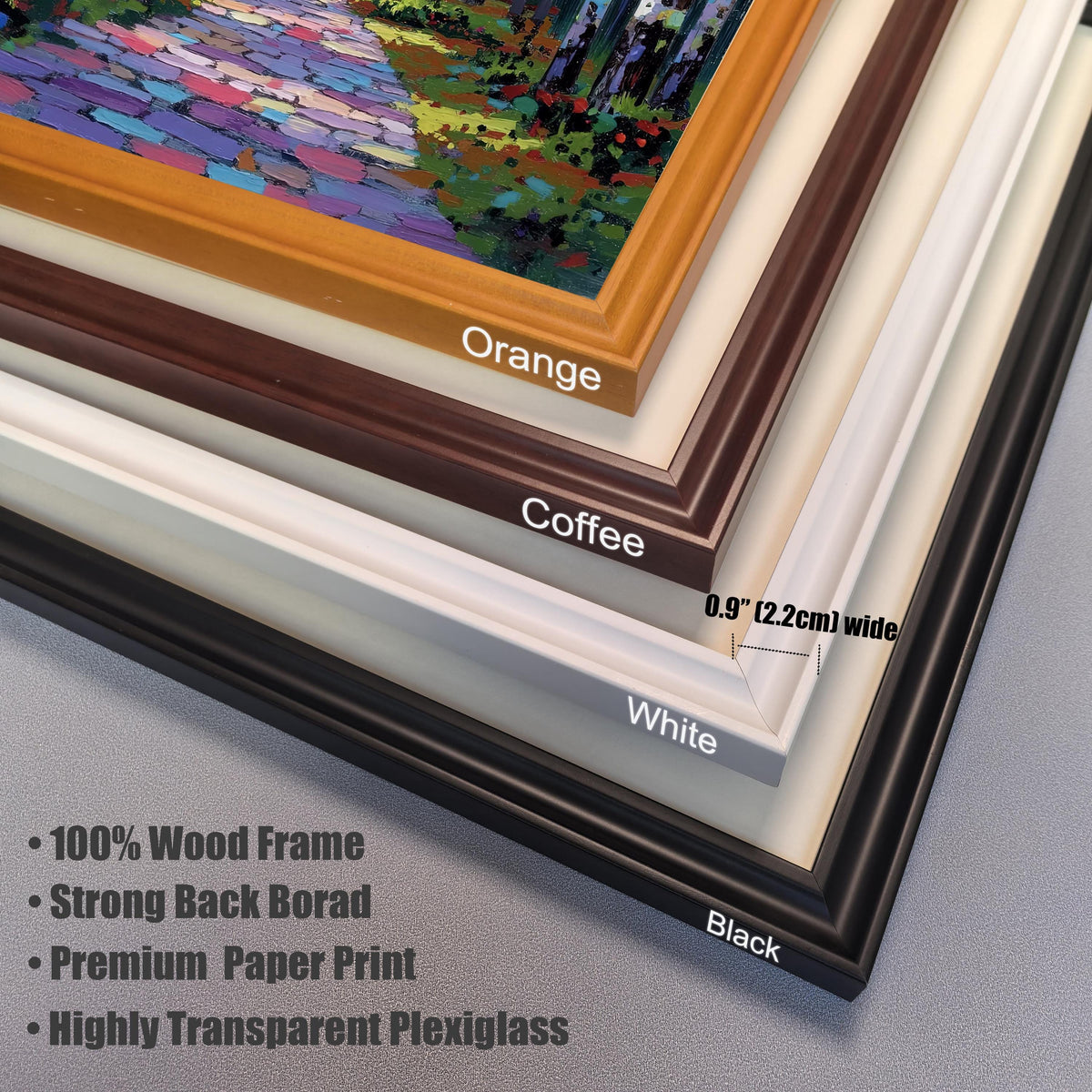 Stacked frame corner view showing the four available wood frame colors: Orange, Coffee (dark brown), White, and Black. Notes highlight features like 100% Wood Frame and Highly Transparent Plexiglass.