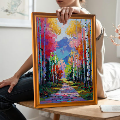 A person holds the vibrant Impasto Aspen Forest art print in an Orange Wood Frame, showing a close-up of the bold colors and texture of the painting style.