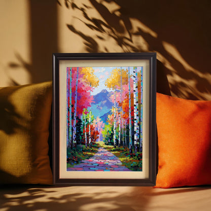 Vibrant Impasto Aspen Forest art print with a colorful path and mountains, framed in a dark Coffee Wood Frame with a mat/mount. The print rests on a couch between a yellow and an orange pillow, with dramatic sun shadows overhead.