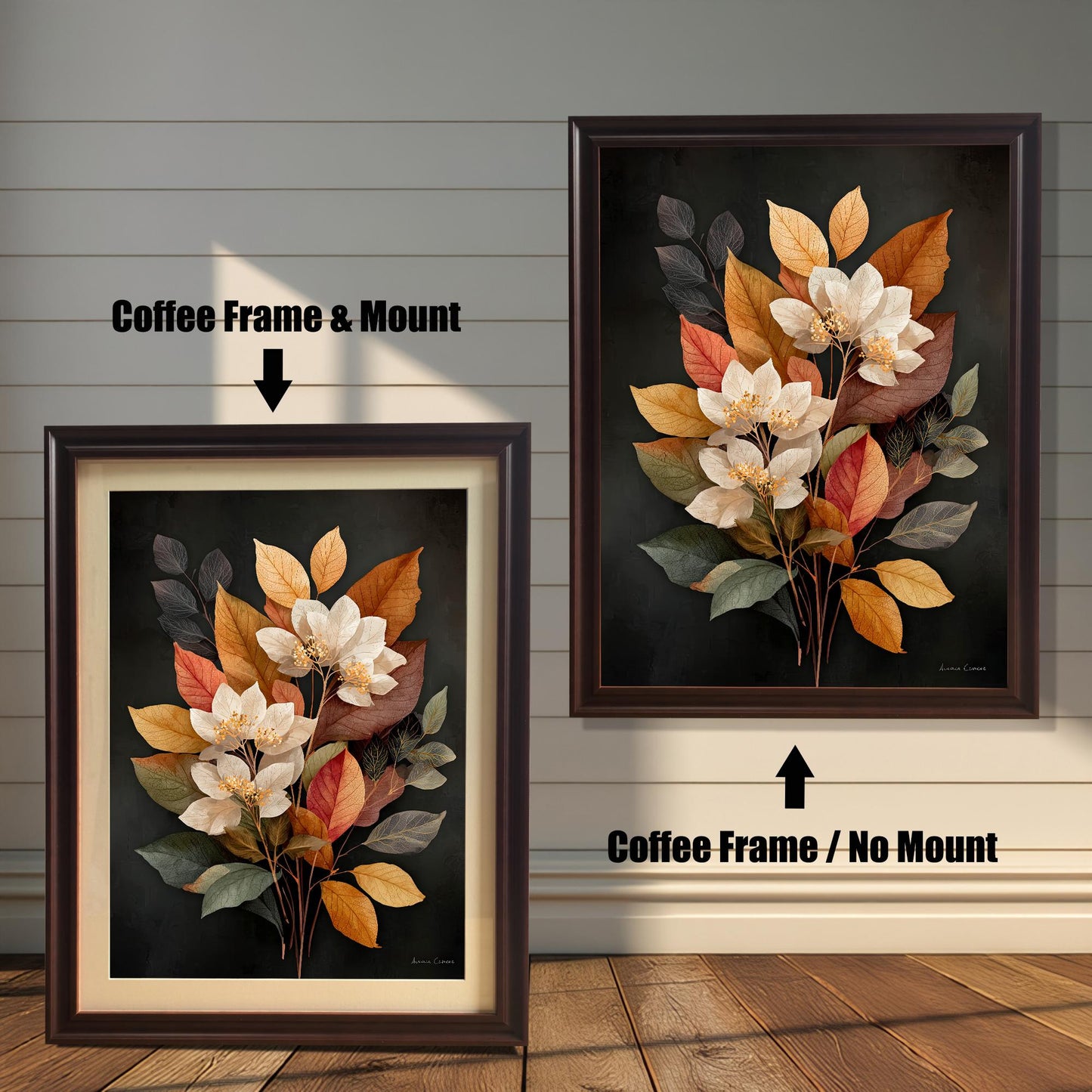 Two art prints displayed side-by-side against a white, wood-paneled wall. The one on the left shows the art in a Coffee Frame & Mount (matting). The one on the right shows the art in a Coffee Frame / No Mount (no matting). Both frames are a dark brown, coffee color.