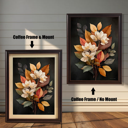 Two art prints displayed side-by-side against a white, wood-paneled wall. The one on the left shows the art in a Coffee Frame & Mount (matting). The one on the right shows the art in a Coffee Frame / No Mount (no matting). Both frames are a dark brown, coffee color.