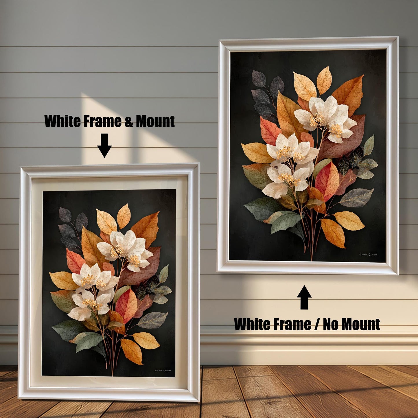 Two art prints displayed side-by-side against a white, wood-paneled wall. The one on the left shows the art in a White Frame & Mount (matting). The one on the right shows the art in a White Frame / No Mount (no matting).