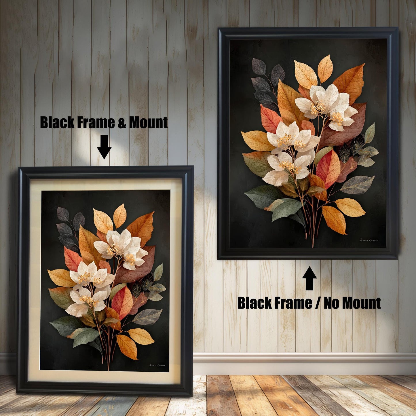 Two art prints displayed side-by-side against a white, wood-paneled wall. The one on the left shows the art in a Black Frame & Mount (matting). The one on the right shows the art in a Black Frame / No Mount (no matting).