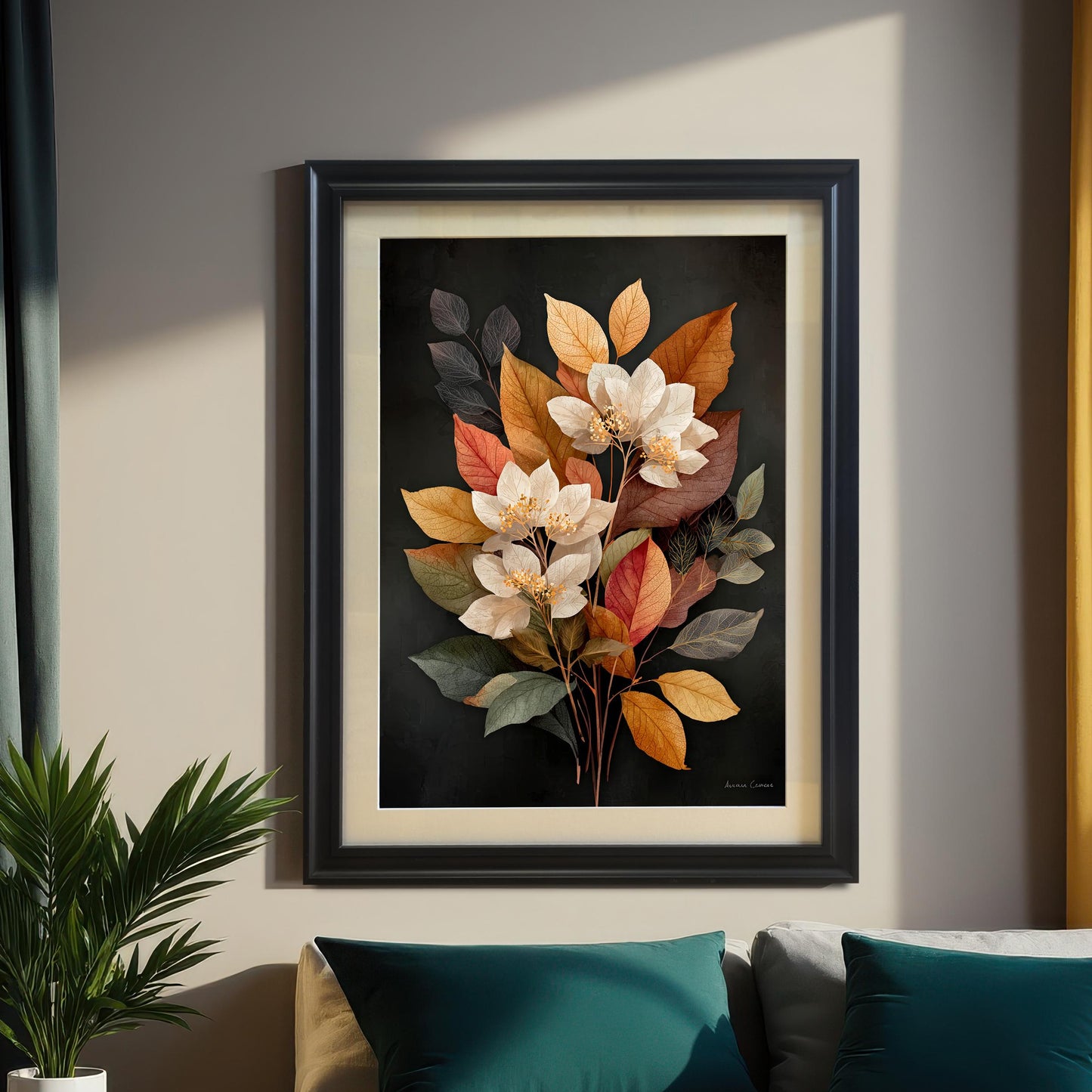 A large framed art print of the autumn floral bouquet hanging centered above a bed. The art is in a black wood frame with a mount (matting). The bedroom has dark teal and yellow curtains, and the bed has dark teal pillows, emphasizing a modern, elegant decor style.