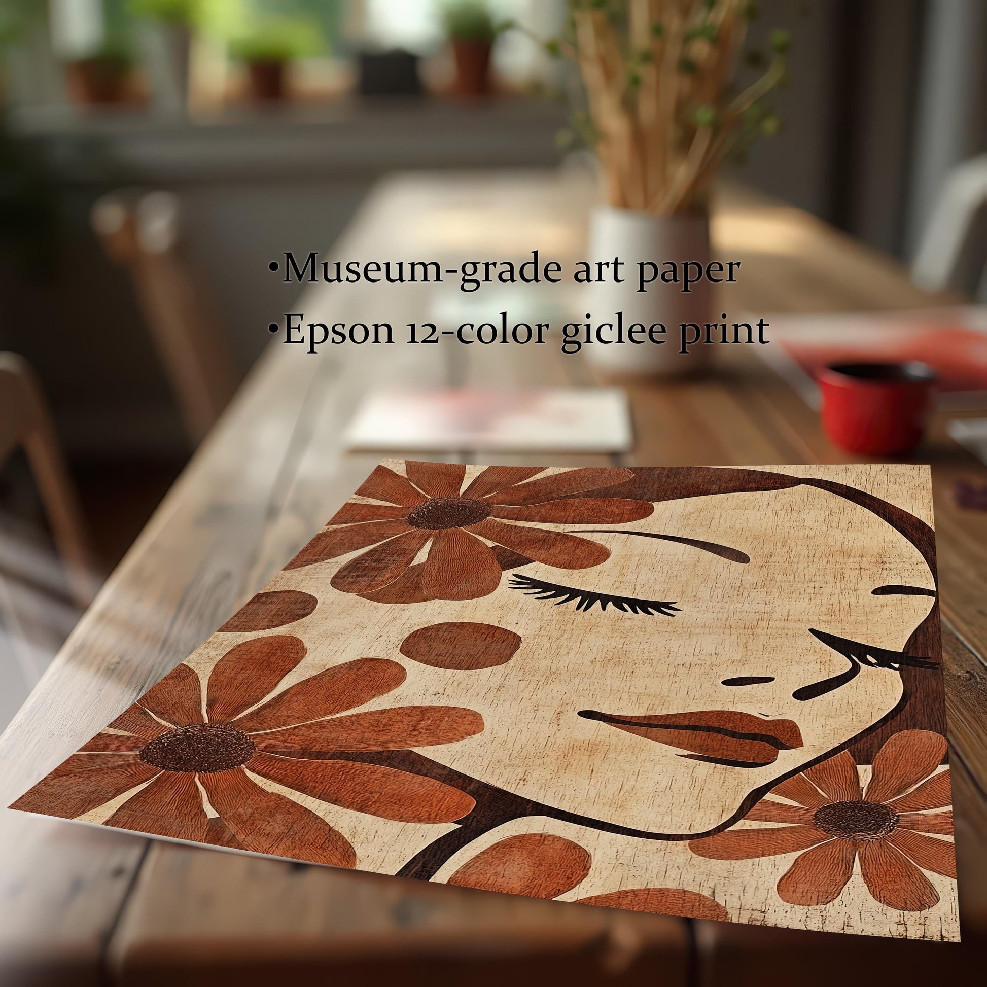 A close-up shot of the unframed art print lying on a wooden table. The text highlights the print quality: Museum-grade art paper and Epson 12-color giclee print.