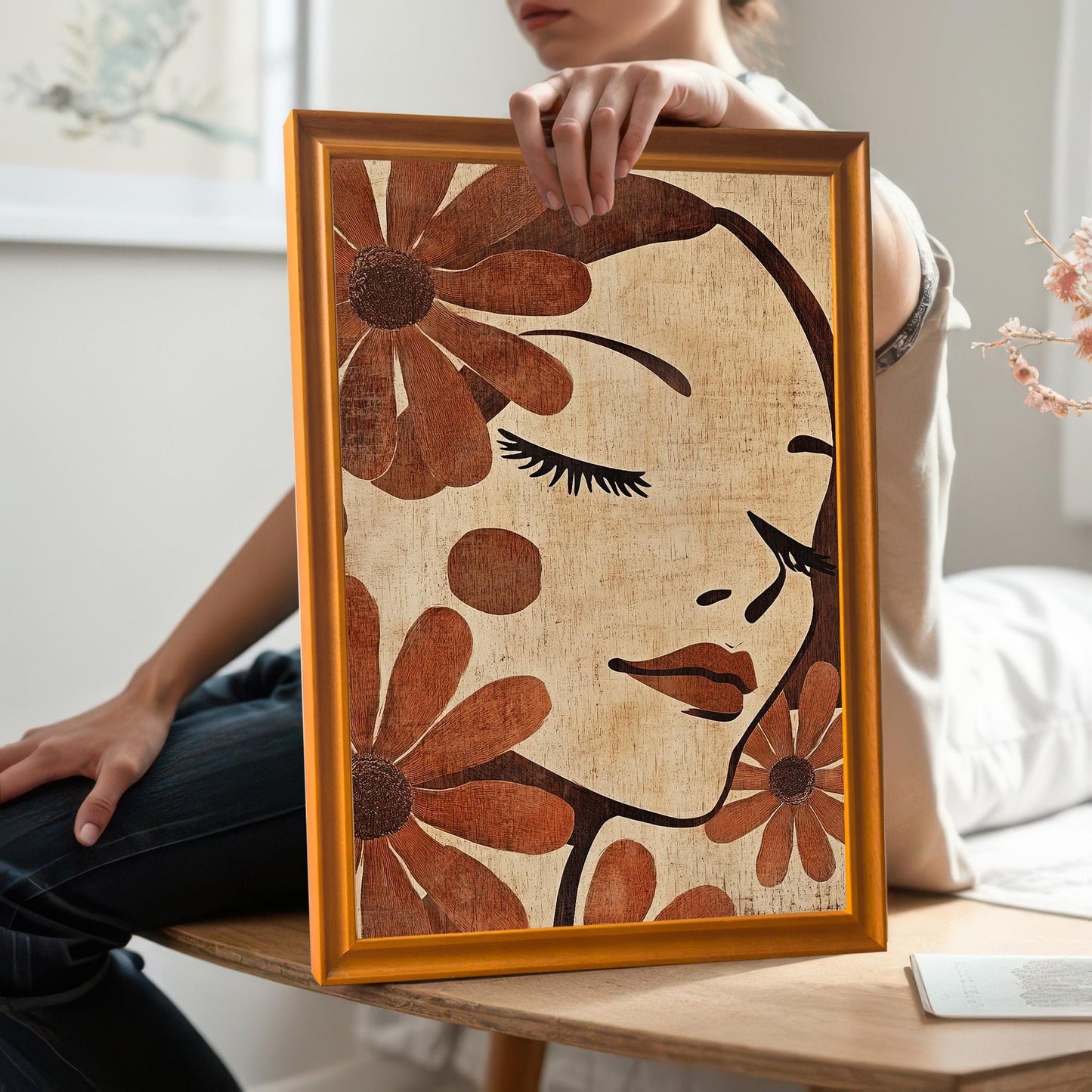A person is sitting and holding the framed art print close-up. The frame is Orange (a warm, medium wood tone). This image provides a close-up look at the framed art, showing the print detail and frame finish.