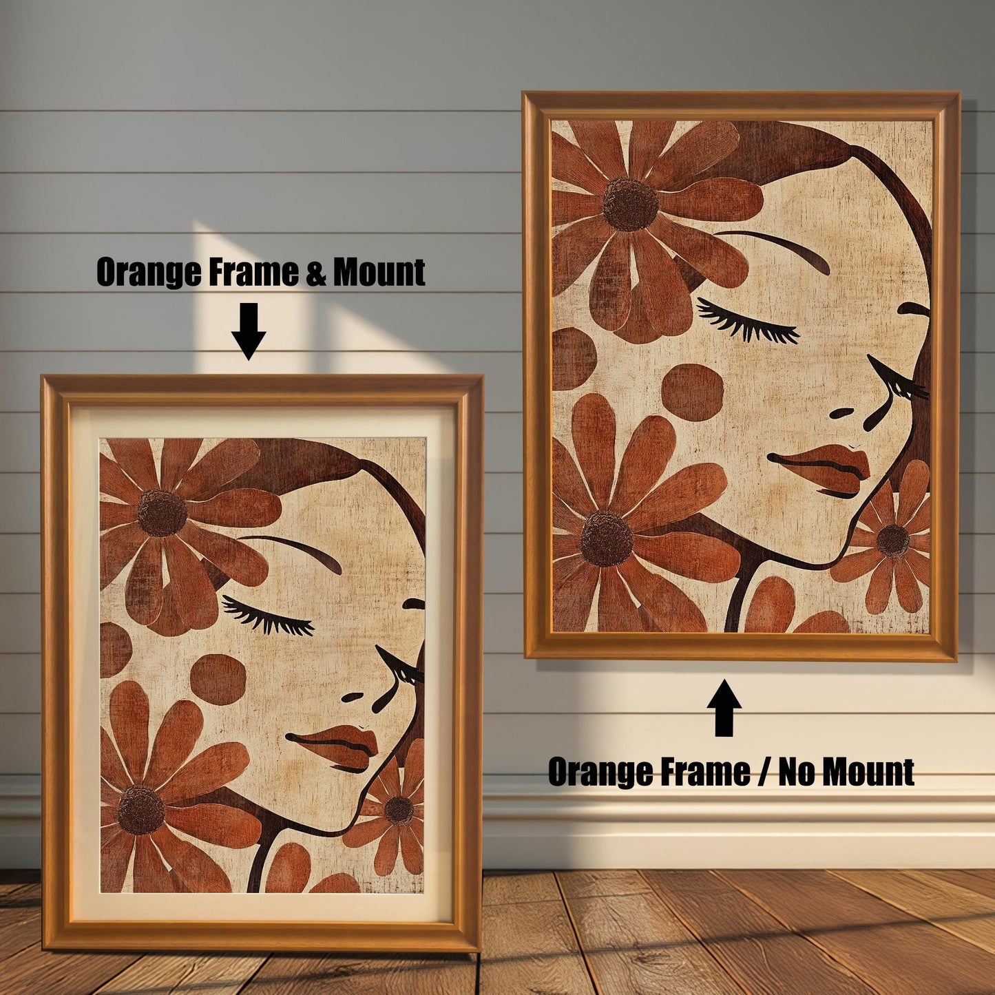 Two art prints displayed side-by-side against a white, wood-paneled wall. The one on the left shows the art in an Orange Frame & Mount (matting). The one on the right shows the art in an Orange Frame / No Mount (no matting).