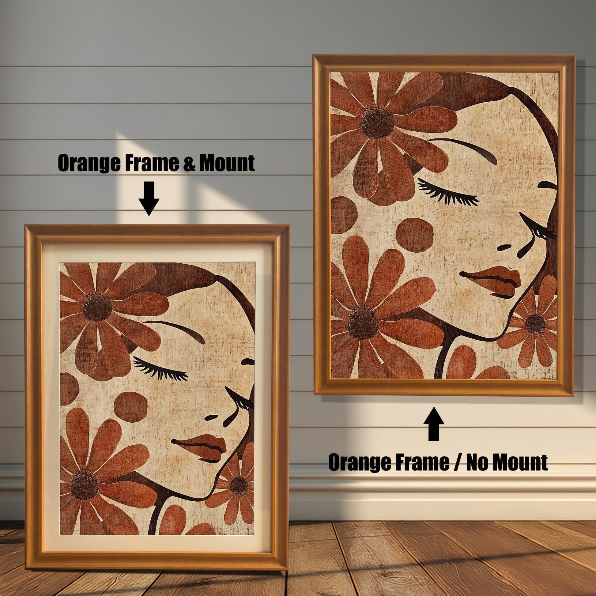 Two art prints displayed side-by-side against a white, wood-paneled wall. The one on the left shows the art in an Orange Frame & Mount (matting). The one on the right shows the art in an Orange Frame / No Mount (no matting).