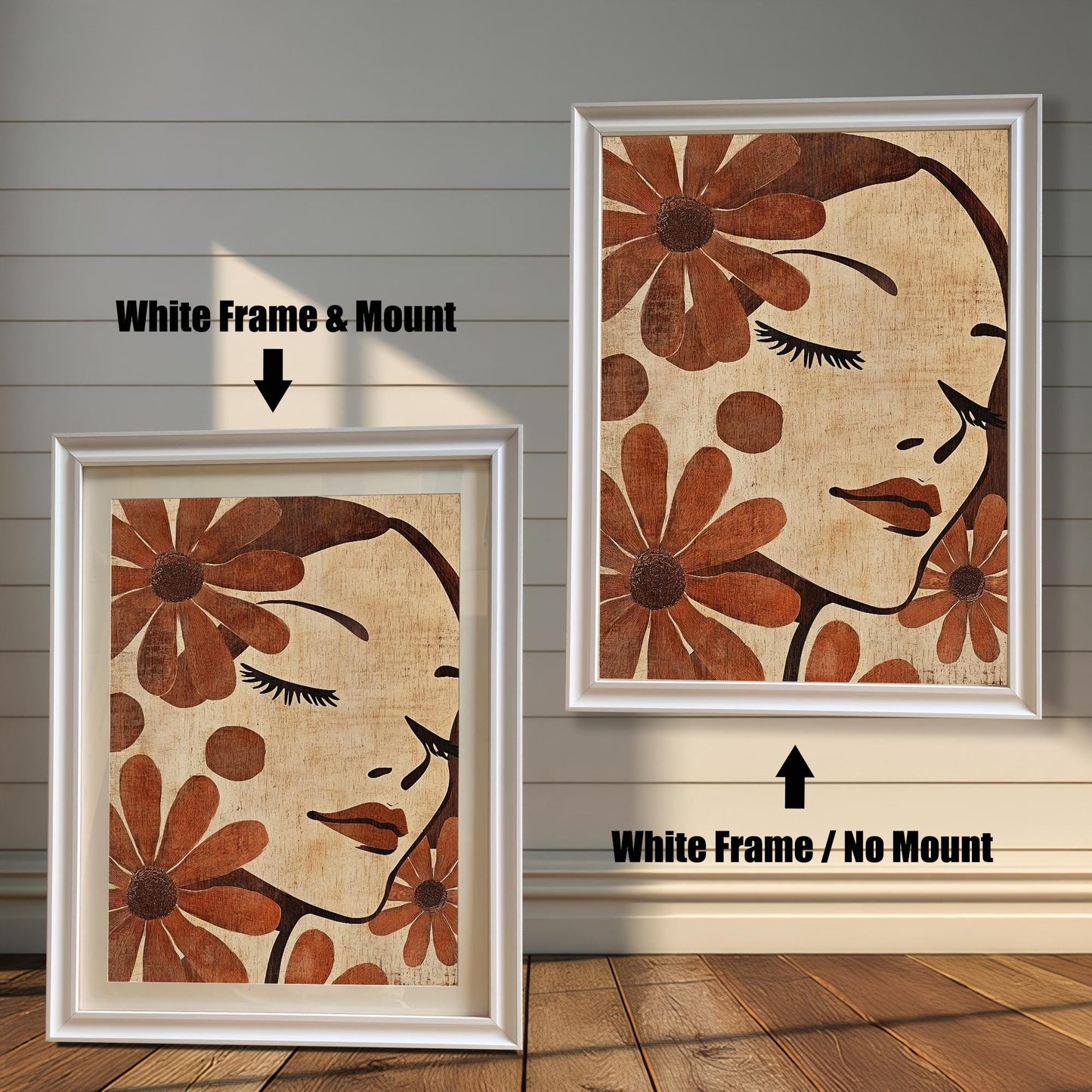 Two art prints displayed side-by-side against a white, wood-paneled wall. The one on the left shows the art in a White Frame & Mount (matting). The one on the right shows the art in a White Frame / No Mount (no matting).