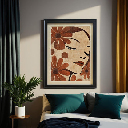 A large framed art print of the brown and beige floral face design hanging centered above a bed. The art is in a black frame with a mount (matting). The bedroom has dark teal and yellow curtains, and the bed has dark teal pillows, emphasizing a modern, mid-century decor style.