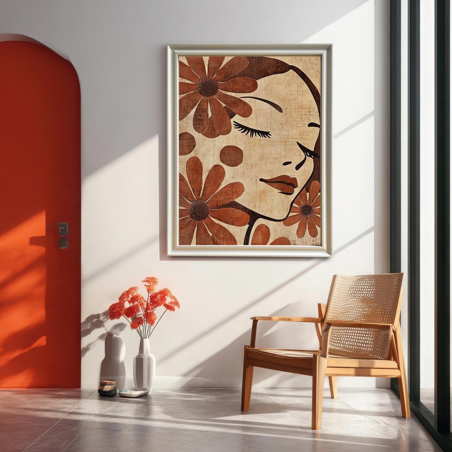 A large framed art print of the floral face design hanging on a white wall in a bright, modern room. The frame is a light metallic or silver color. There is an orange arched doorway and a natural wood, woven chair in the room.