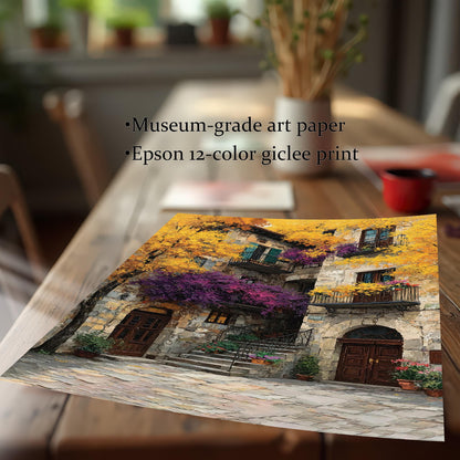 Close-up showing a rolled art print featuring a colorful stone building with yellow and purple flowers, lying on a wooden table. Text overlay highlights product quality: "Museum-grade art paper" and "Epson 12-color giclee print."