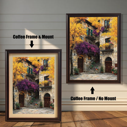 Comparison image of the art print with a coffee brown wood frame. The left shows the print with "Coffee Frame & Mount" (mat board), and the right shows it with "Coffee Frame / No Mount."