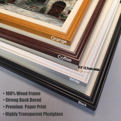 Close-up corner detail of four different wood frame colors available for the art print: Orange, Coffee, White, and Black. The frame width is specified as 0.9" (2.2cm) wide. Text lists features: 100% Wood Frame, Strong Back Board, Premium Paper Print, Highly Transparent Plexiglass.