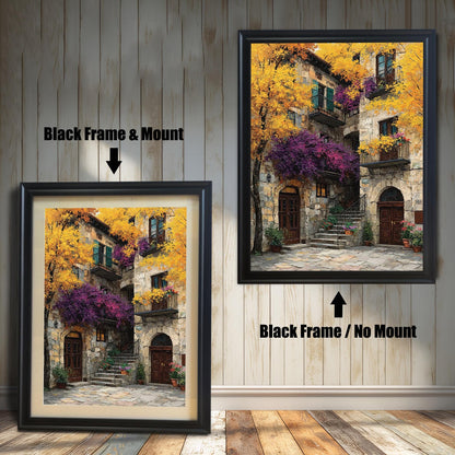 Comparison image of the art print with a black wood frame. The left shows the print with a "Black Frame & Mount" (mat board), and the right shows it with a "Black Frame / No Mount."