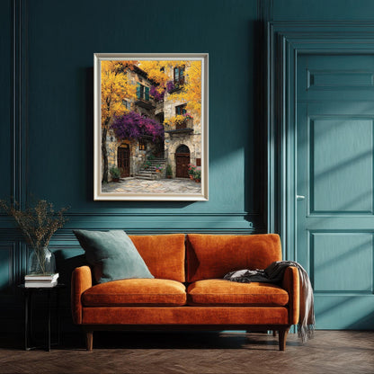 Framed art print with a white/cream wood frame hanging above a vibrant orange velvet loveseat against a dark teal, paneled wall. This image shows the art print styled in a luxurious interior setting.