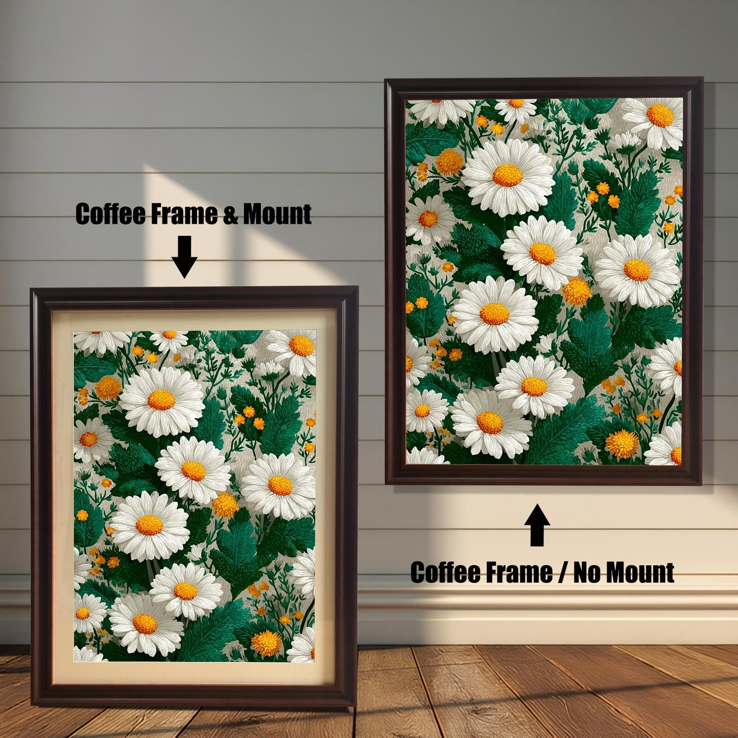 Comparison image of the art print with a coffee brown wood frame. The left shows the print with "Coffee Frame & Mount" (mat board), and the right shows it with "Coffee Frame / No Mount."