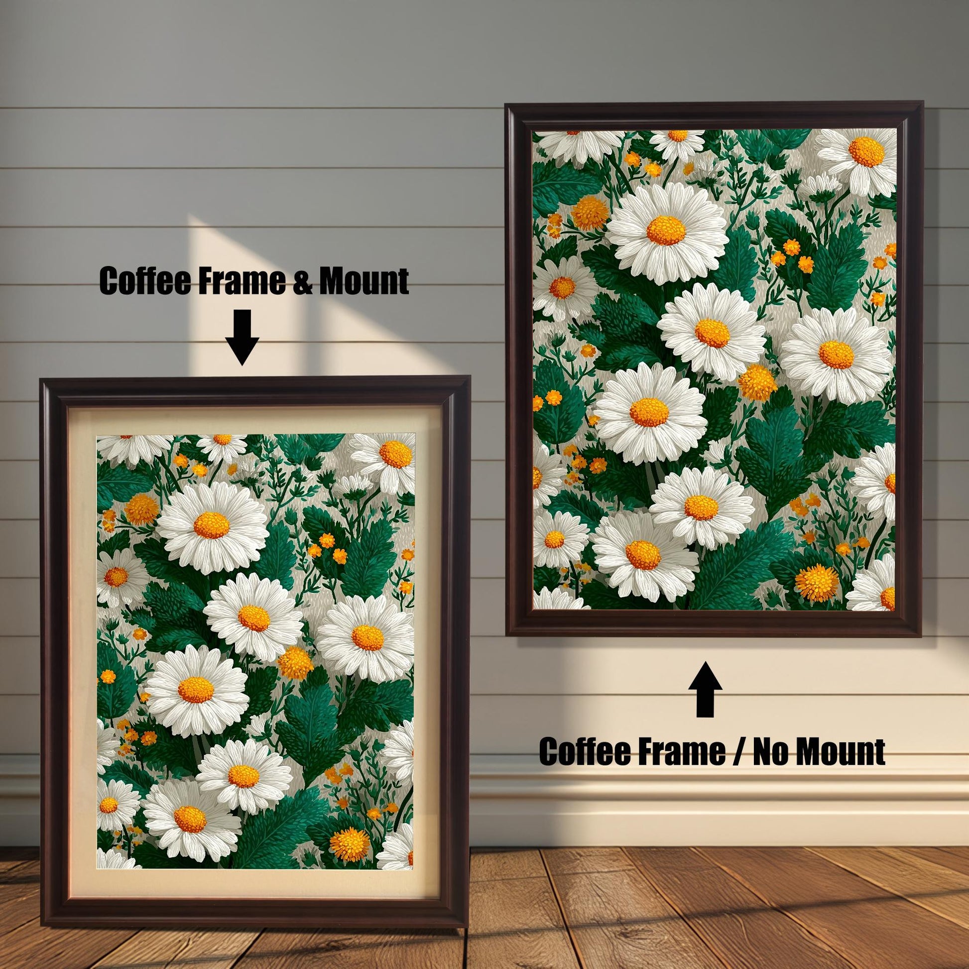 Comparison image of the art print with a coffee brown wood frame. The left shows the print with "Coffee Frame & Mount" (mat board), and the right shows it with "Coffee Frame / No Mount."