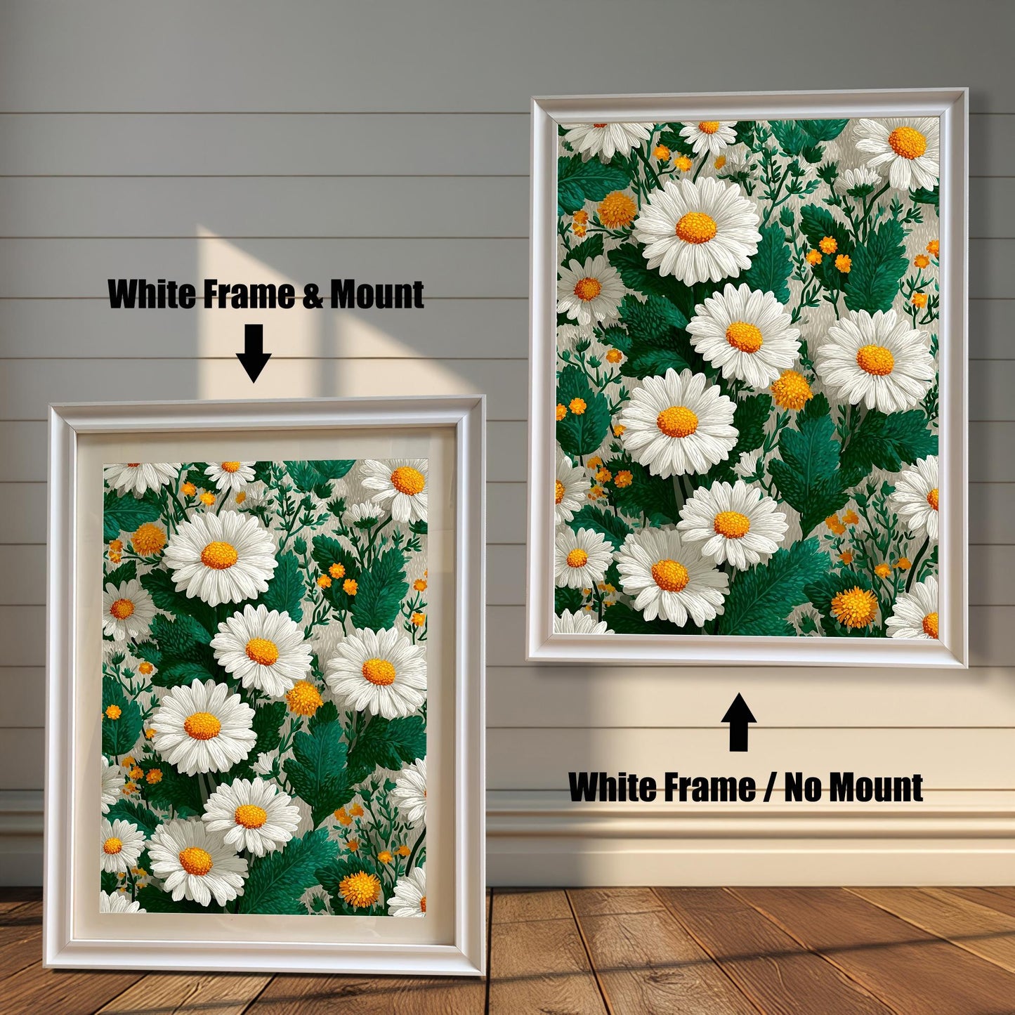 Comparison image of the art print with a white wood frame. The left shows the print with a "White Frame & Mount" (mat board), and the right shows it with a "White Frame / No Mount."